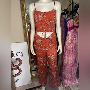Derek Heart Jumpsuit Ruched Rust Floral Adjustable Pantsuit w Adjustable Top 🆕